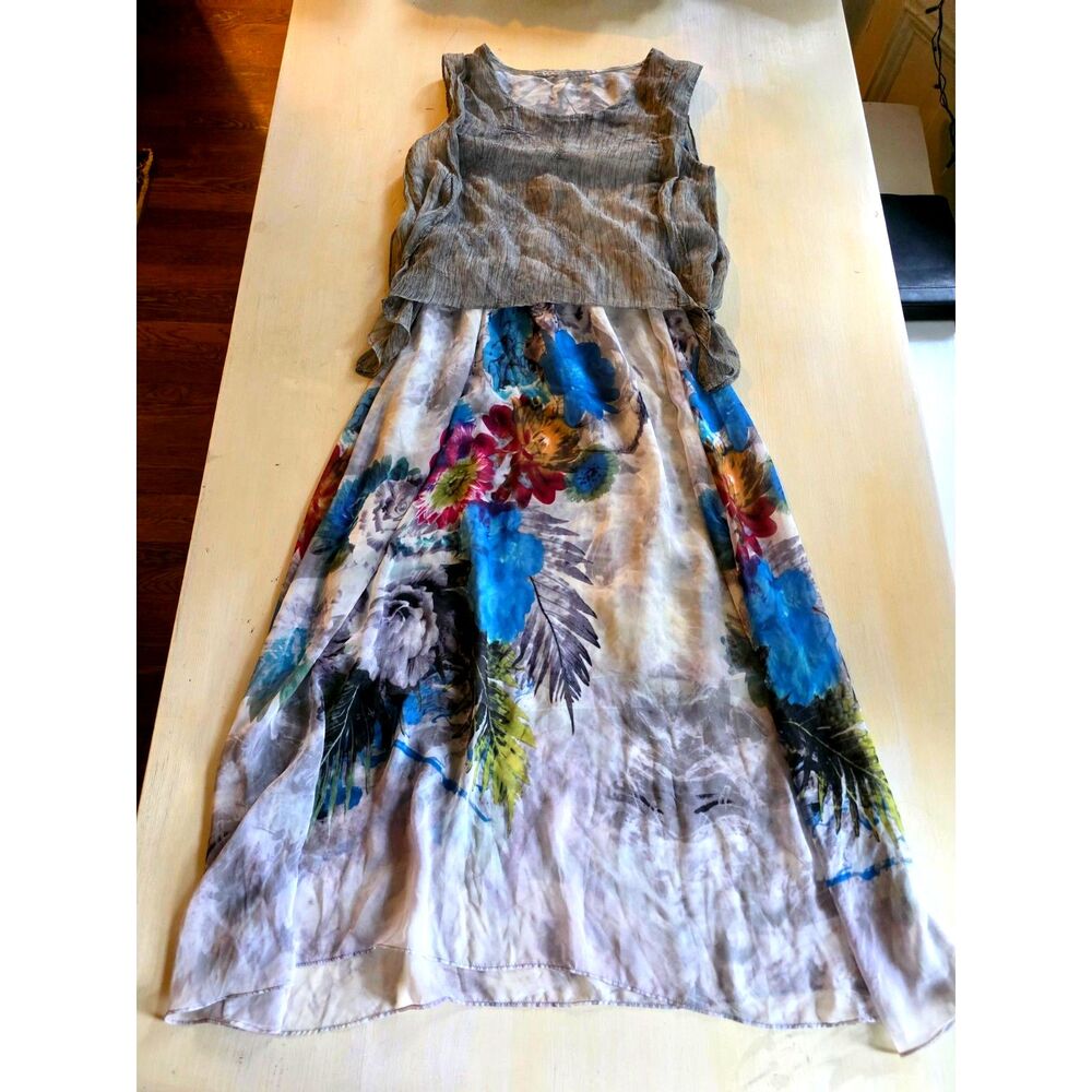 Sleeveless Gray Overlay Floral Chiffon Maxi Dress S